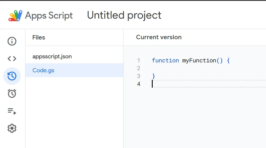 Google Apps Script editor showing “myFunction” in Code.gs of an untitled project.