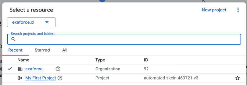 Google Cloud Console “Select a resource” dialog showing Exaforce organization and project list.