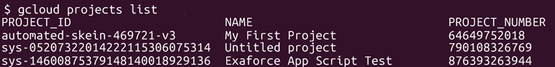 Terminal showing gcloud projects list output with project IDs and names.