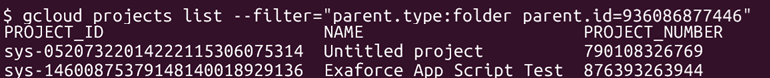 Terminal filtering projects by folder ID using gcloud projects list --filter.
