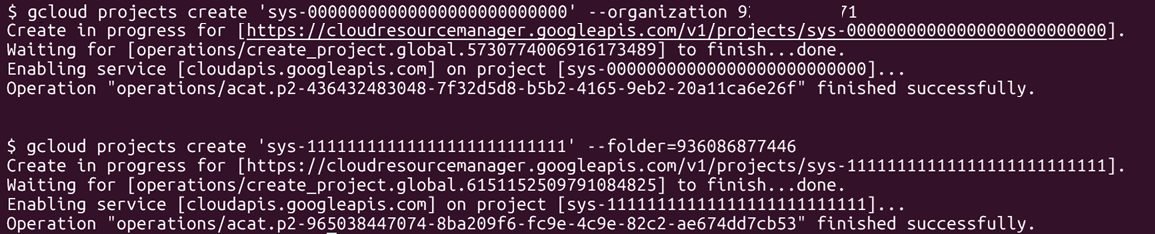 Terminal output showing successful creation of new GCP projects using gcloud projects create.