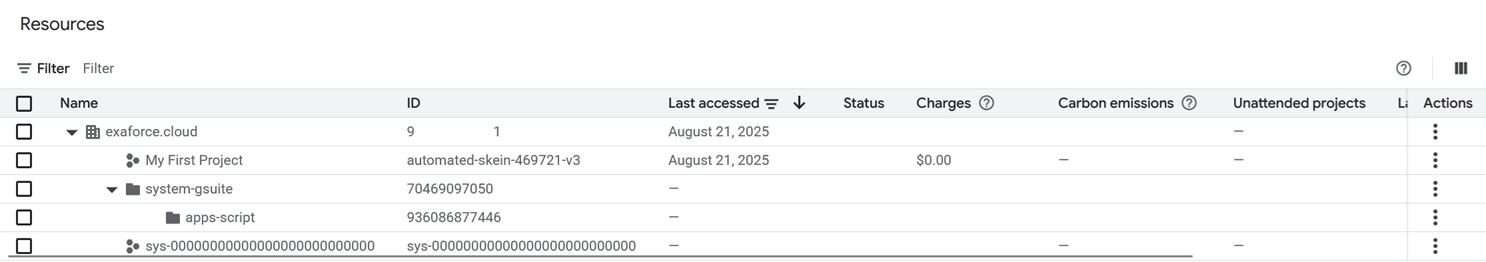 Resources table in Google Cloud Console showing organization, projects, and folders.