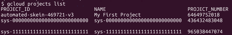 Terminal output listing GCP projects with IDs, names, and project numbers.