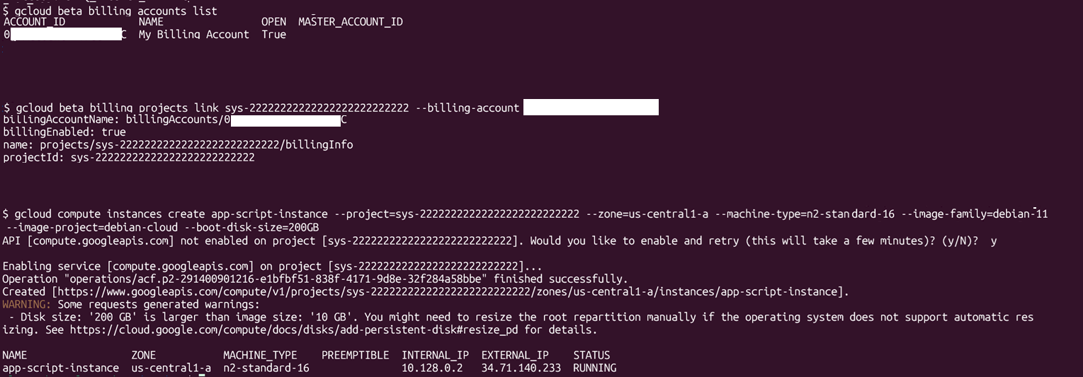 Terminal showing GCP billing link and VM instance creation with gcloud compute.