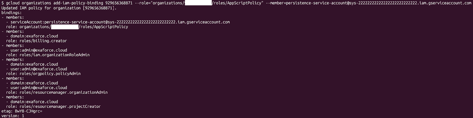 gcloud IAM policy binding output showing roles assigned to Exaforce service accounts.