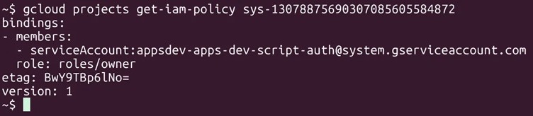 Terminal output showing gcloud IAM policy for project with service account owner role.
