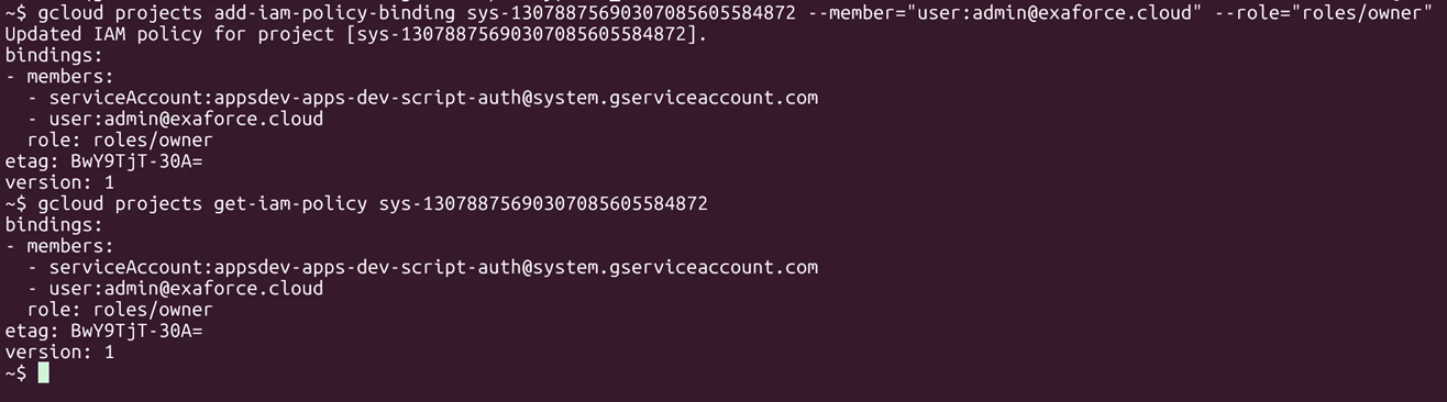 gcloud command adding admin@exaforce.cloud as owner and verifying IAM policy update.