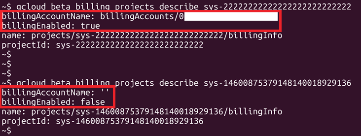Terminal shows billing account linked for one project but missing for another, indicating disabled billing.