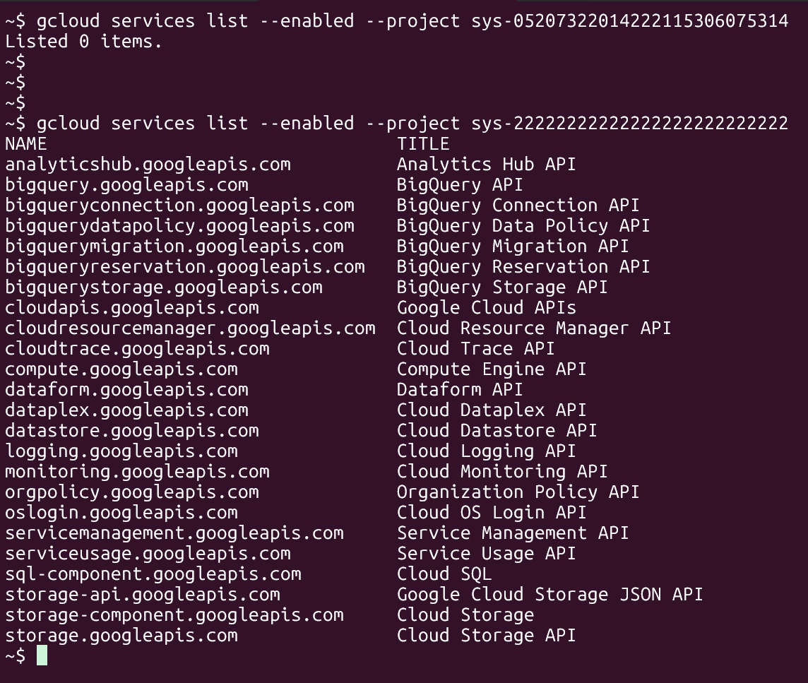 Comparison of enabled Google Cloud services lists for two different projects.