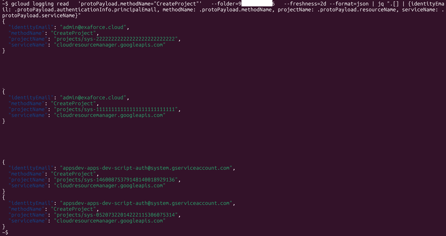 Log entries showing multiple CreateProject actions by different service accounts in GCP.