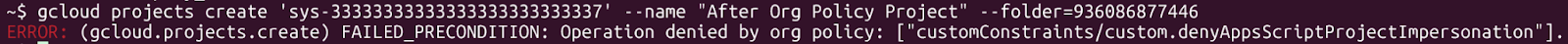 Error showing project creation denied due to organization policy constraints in GCP.