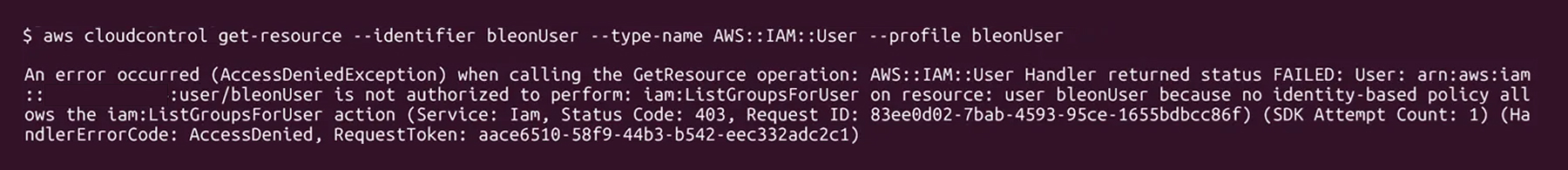 AWS CLI terminal output showing an AccessDeniedException error