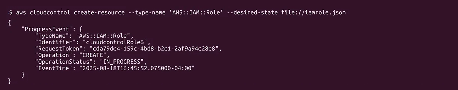 AWS CLI output showing cloudcontrol create-resource command in progress.