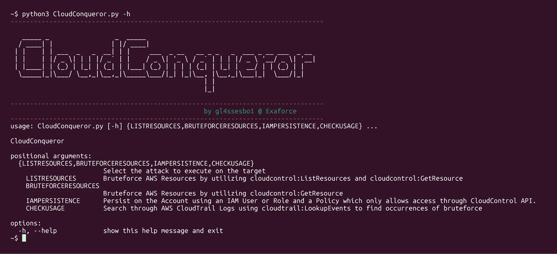 Terminal showing CloudConqueror help output with available attack modules.