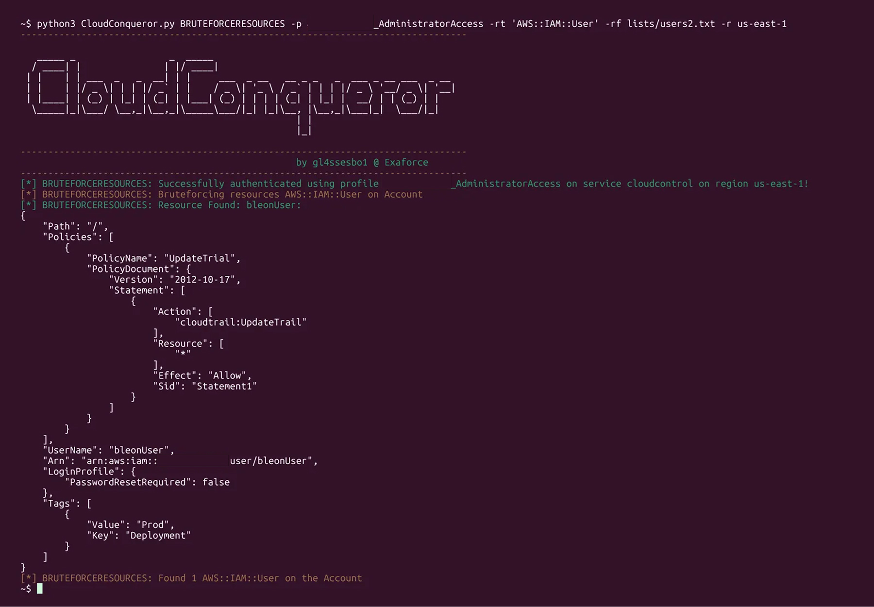 CloudConqueror finds IAM user with CloudTrail update access using brute force test